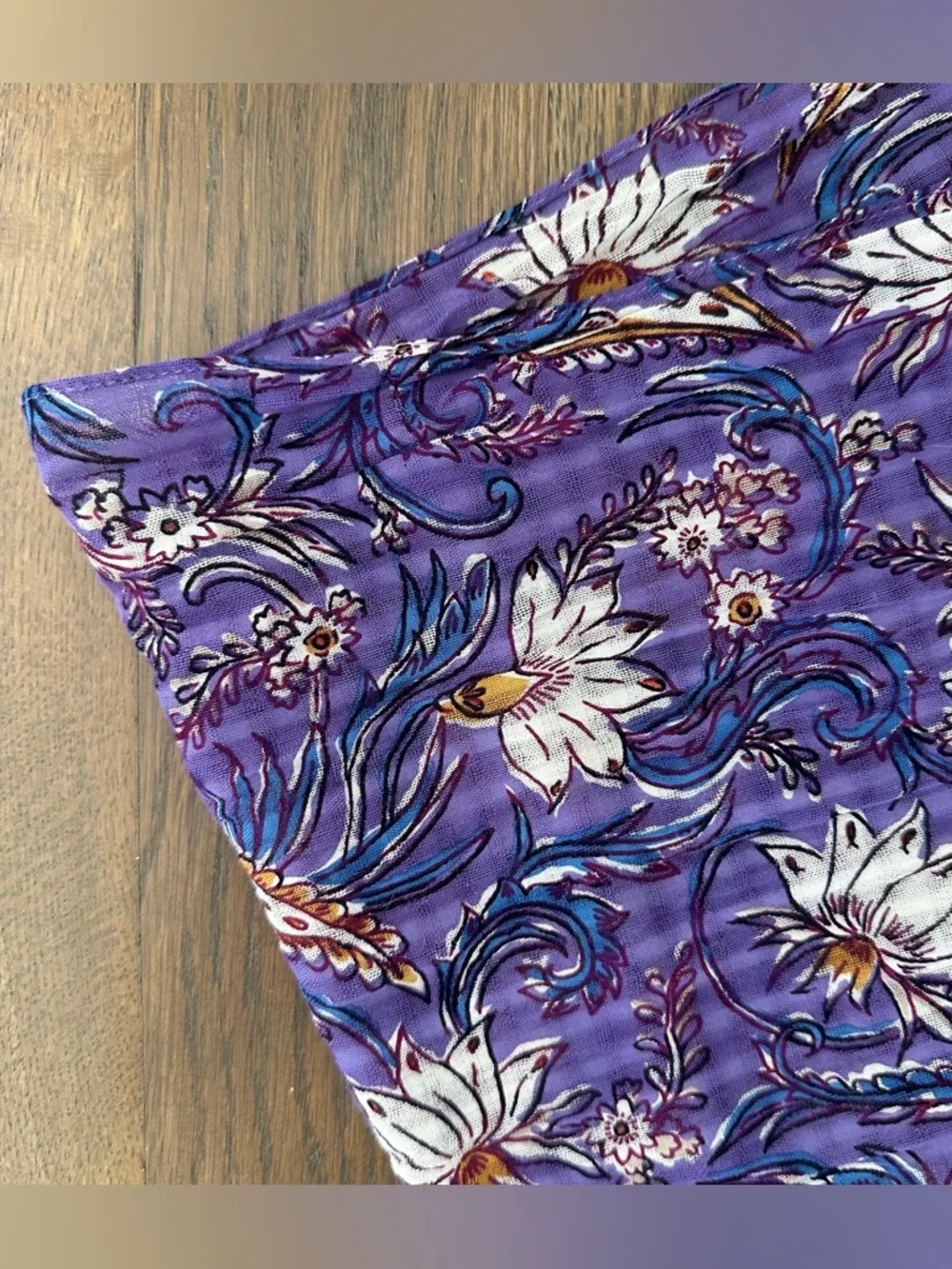 Anthropologie Floral Block Print Gauze Oblong Fringe Scarf Purple Multicolor 72
